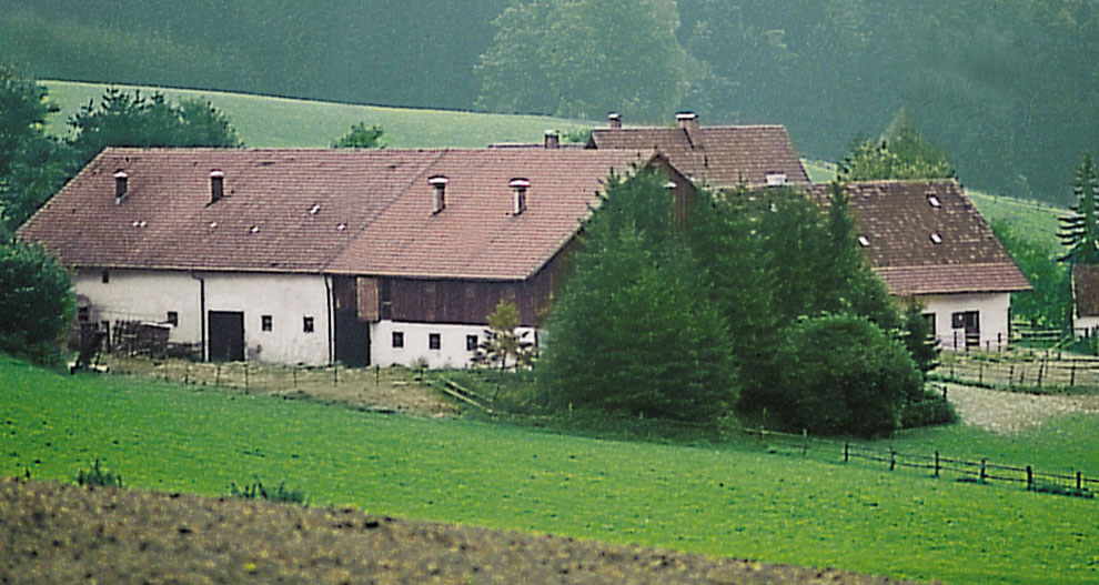 A rural scene with a white building and green fields.