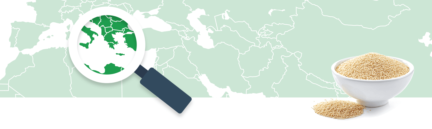 A magnifying glass focuses on a region of a world map, while a bowl of grains is placed to the right.