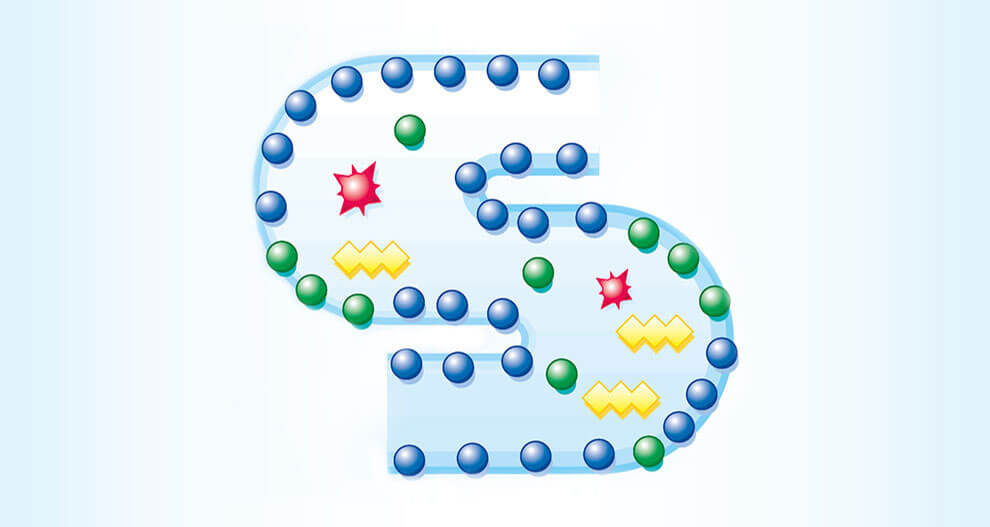 A stylized letter 'S' composed of blue circles, with green and red elements interspersed.